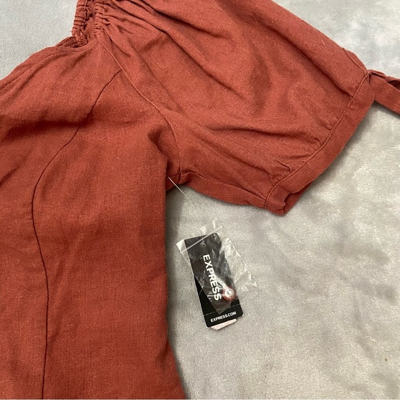New! Express Brown Linen Blend  Off The Shoulder Tie Puff Sleeve Top 3233 - Picture 4 of 8